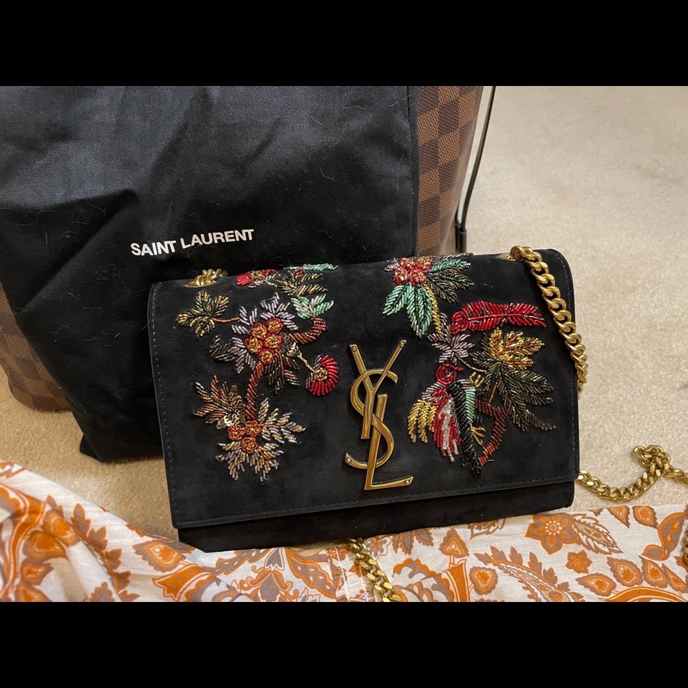 SOLD: YSL Saint Laurent Floral Bird Suede Kate Bag